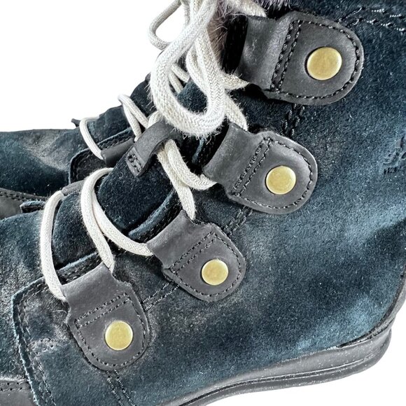 Sorel Explorer Joan Black Suede Womens 8 Waterproof Faux Fur Trimmed Boots - Picture 9 of 13